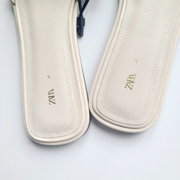 Zara Womens Sz 10 Flat Sandals Abierto Leather Ivory Cream NEW Strappy GOLD‎ - Picture 4 of 5